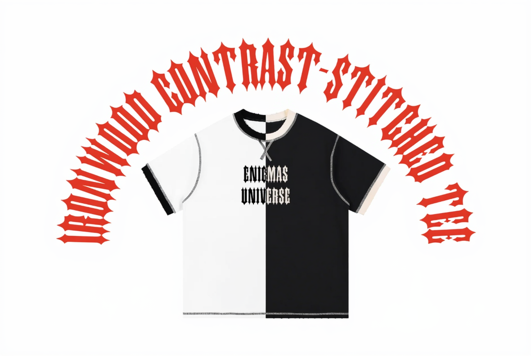 Black and white polo shirt with text on a white background